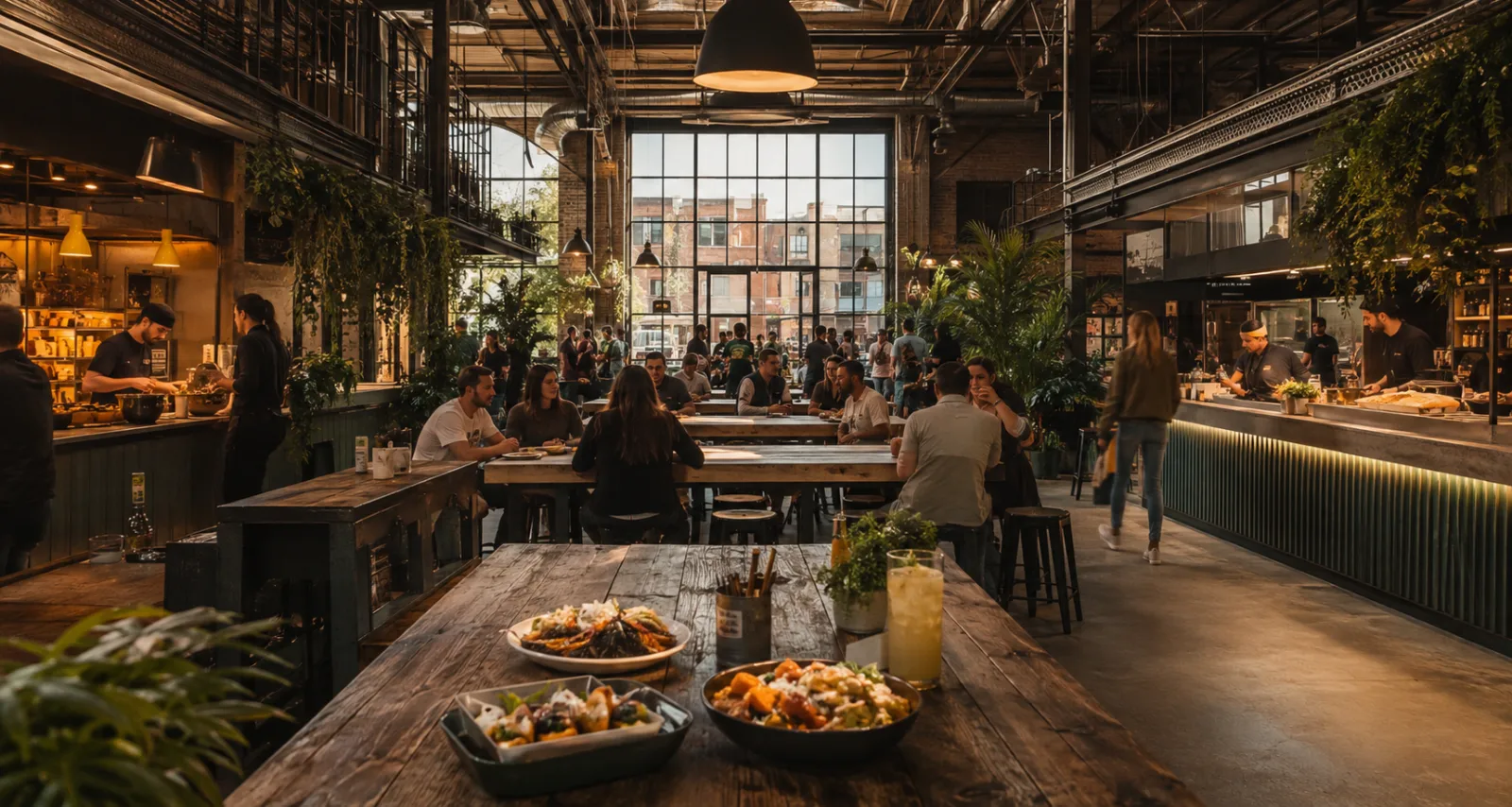 A neighbourhood food hall with communal tables and independent food counters